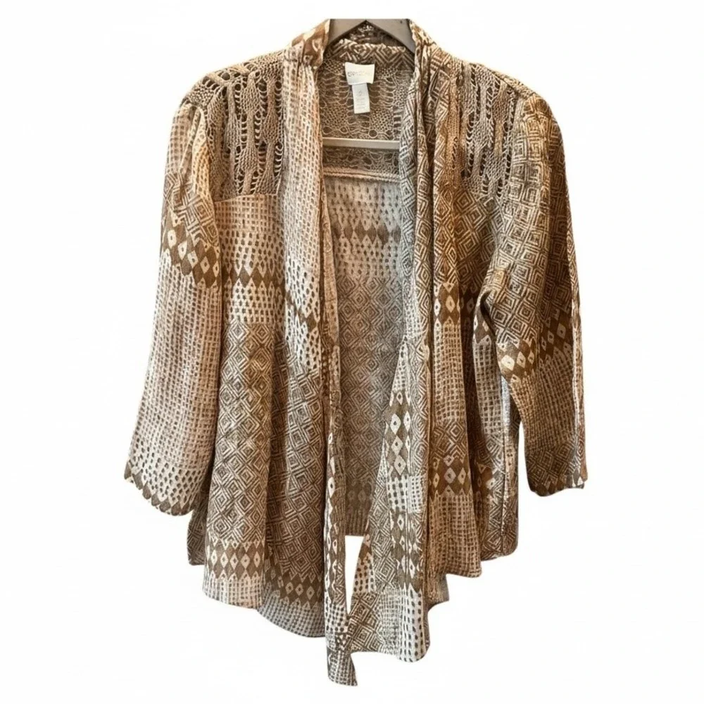 Chicos Linen Open Front Cardigan Tan Size 2 (L/XL) Kimono Boho Lagenlook Relaxed